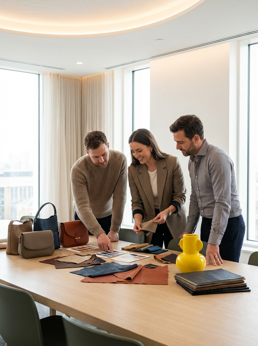 Three people are gathered around a table discussing fabric swatches and color samples in a bright, modern conference room with large windows.