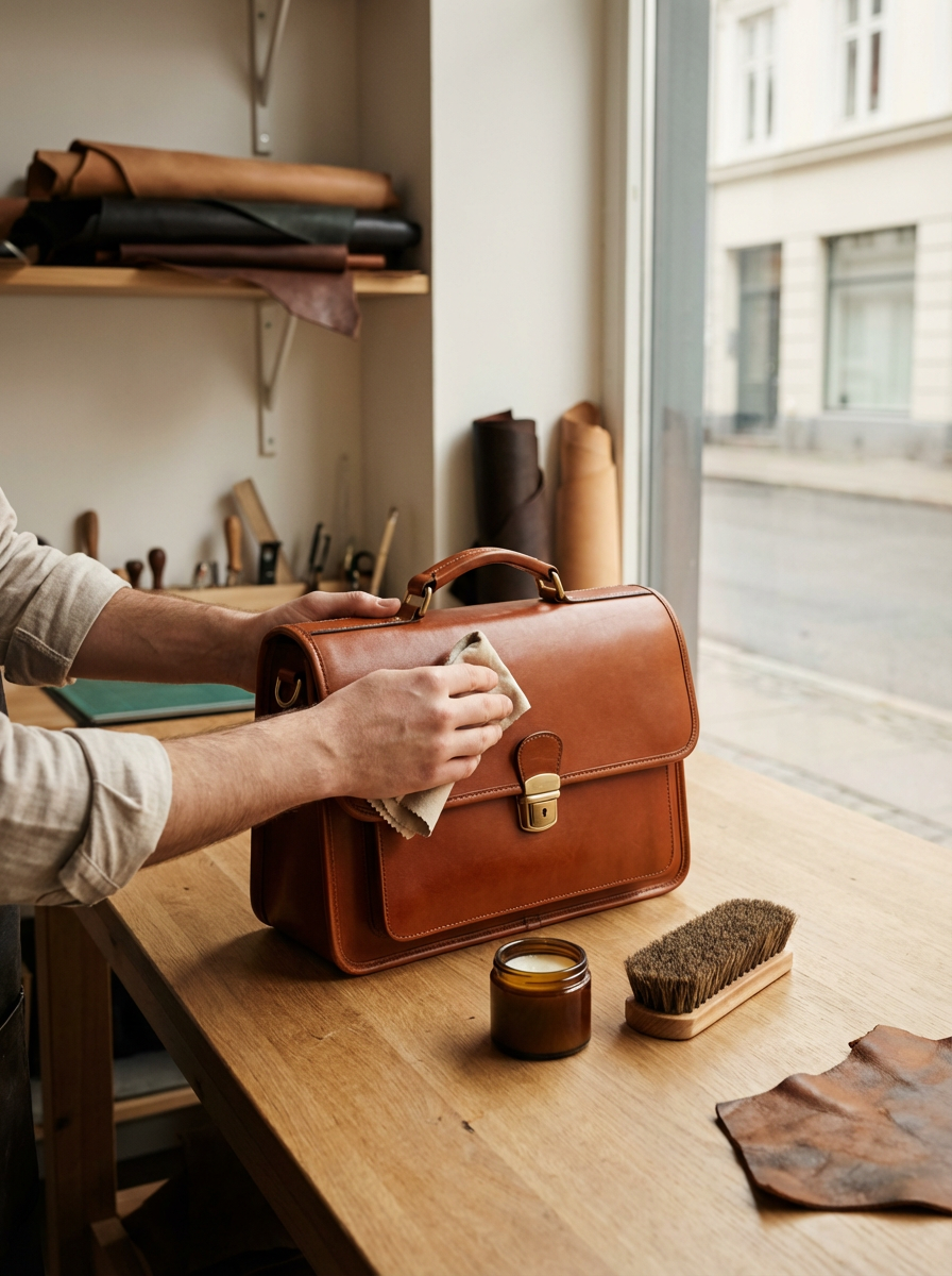 A person cleaning a brown leather briefcase with a cloth in a workshop. There are leather tools, a jar of polish, and a brush on the wooden table. Sunlight comes through a window.