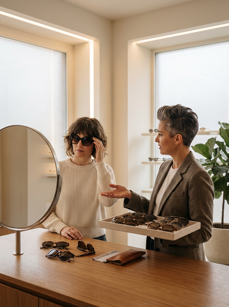 A customer trying on sunglasses at an eyewear store, with an employee showing more sunglasses from a tray on the counter. The store has natural light and a plant in the background.