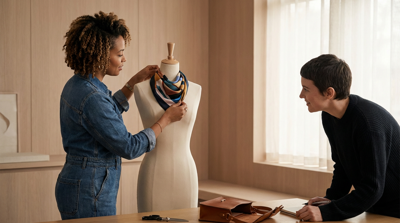 A woman with curly hair in a denim jumpsuit displays a colorful scarf on a mannequin while a man in a black sweater looks on and smiles in a well-lit room.