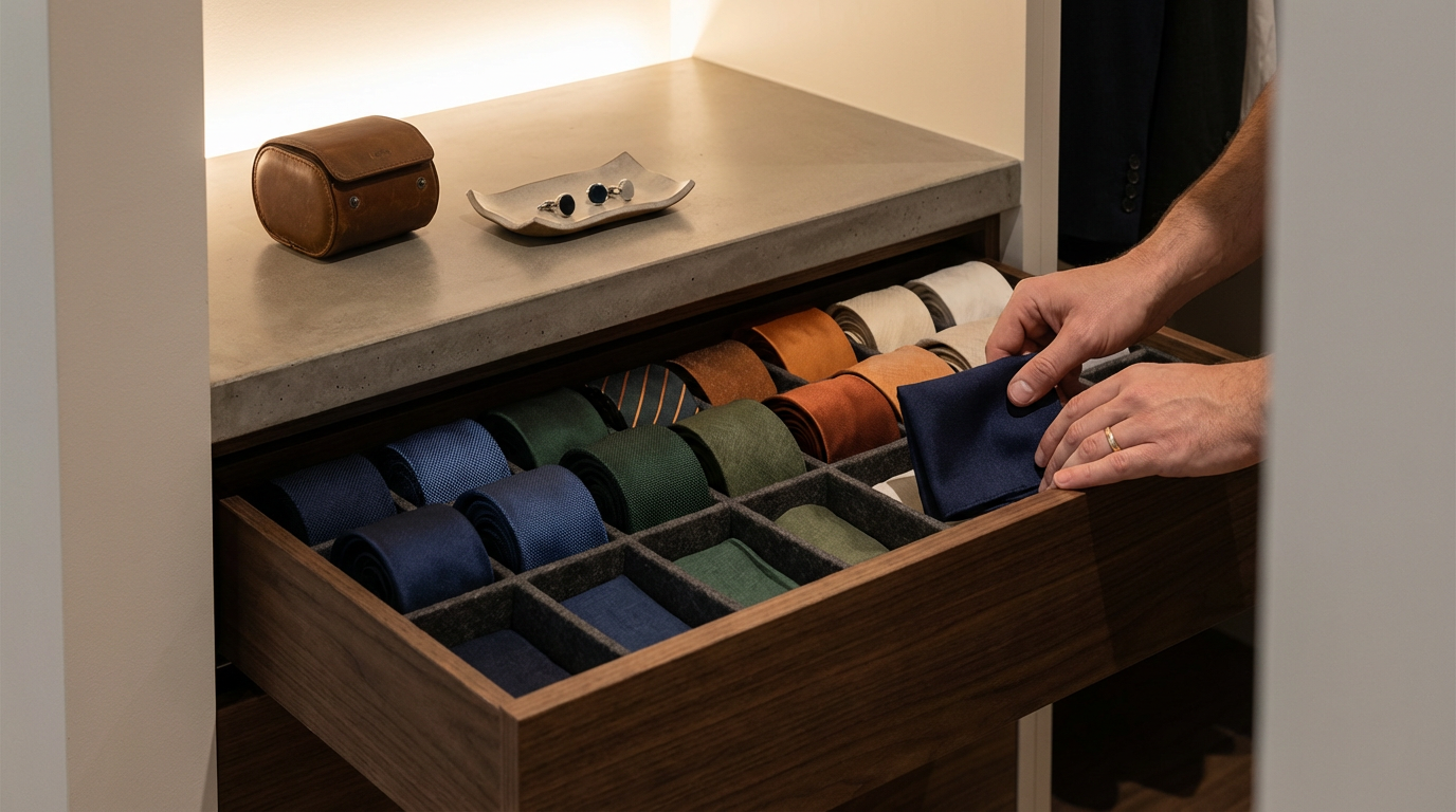 Close-up of a person's hands selecting a navy blue pocket square from a wooden drawer filled with colorful folded pocket squares, in a clothing store or dressing room.