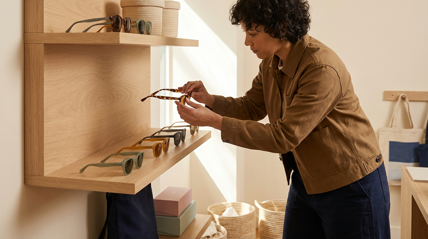 Person inspecting sunglasses on a wooden shelf in a store.