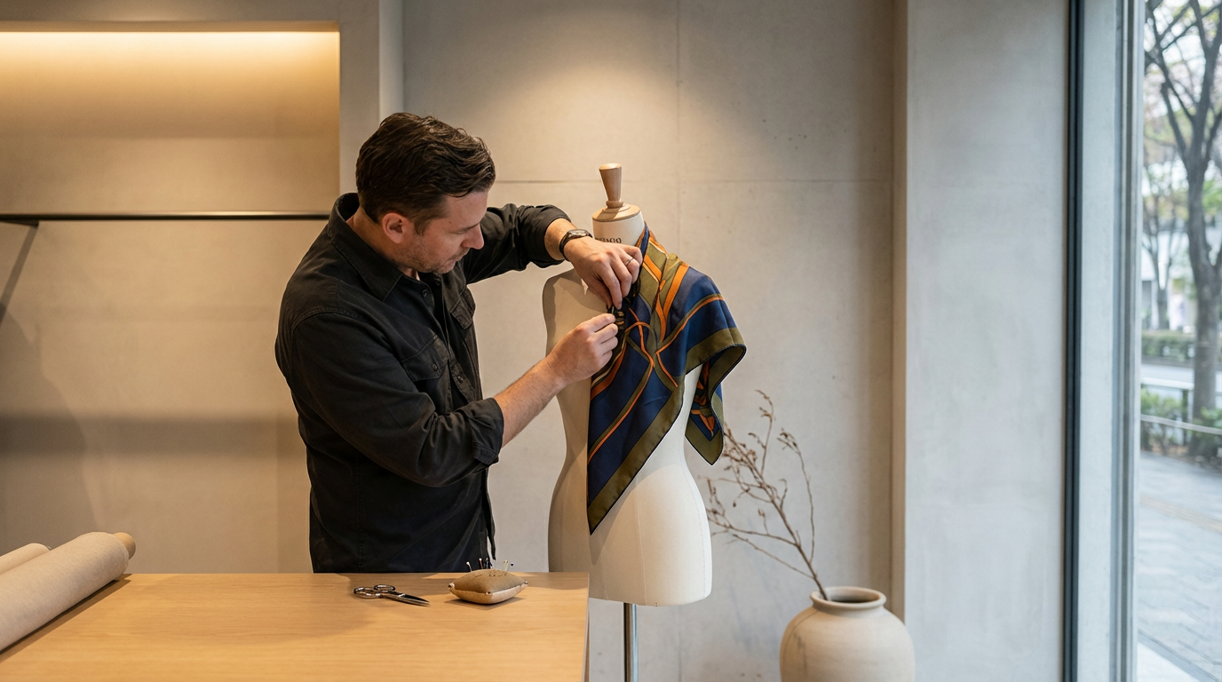 A man working on designing or tailoring a scarf on a dress form in a modern, well-lit room near a window.