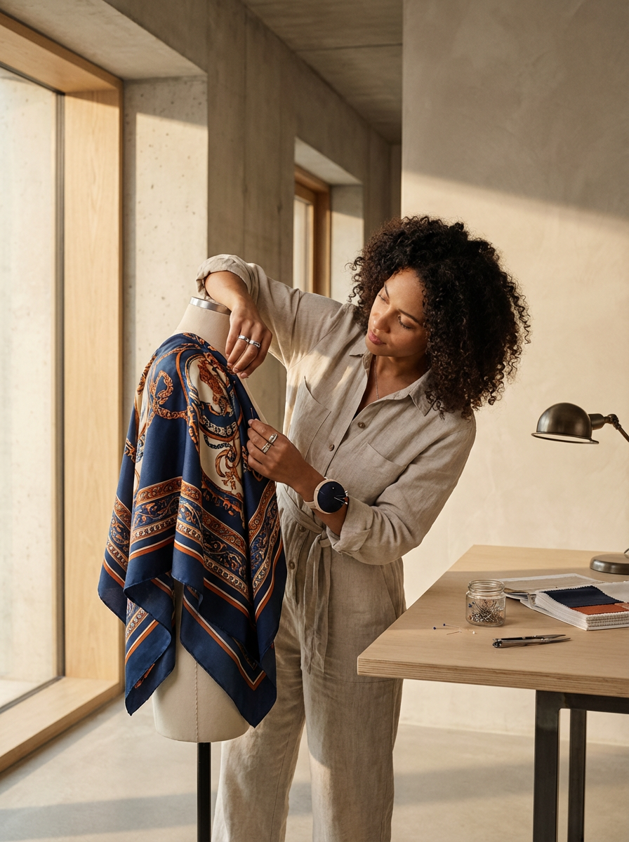 A woman working on a sewing or fashion design project in a studio, pinning fabric on a dress form.