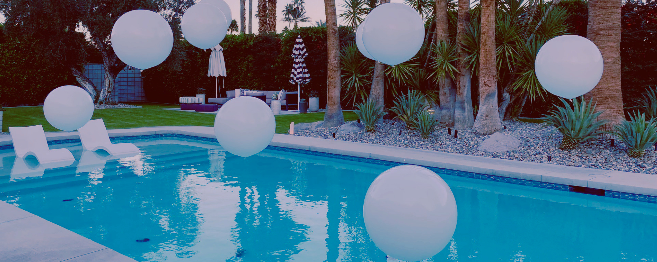 A backyard swimming pool area with large white spherical balloons float on the water. The backyard is landscaped with palm trees, succulents, and tropical plants. There are lounge chairs and outdoor furniture with umbrellas in the background.