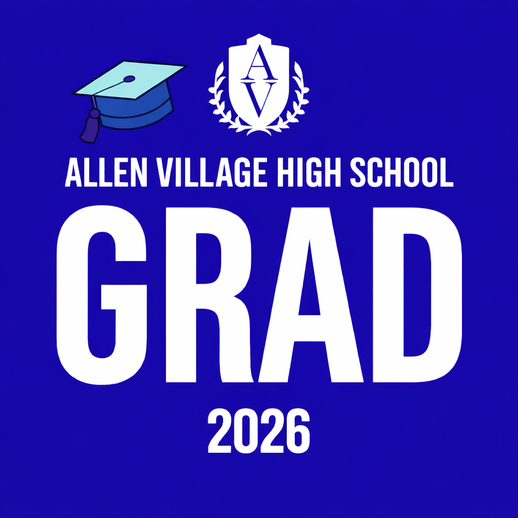 Blue and white Allen Village High School graduation cover artwork for 2026