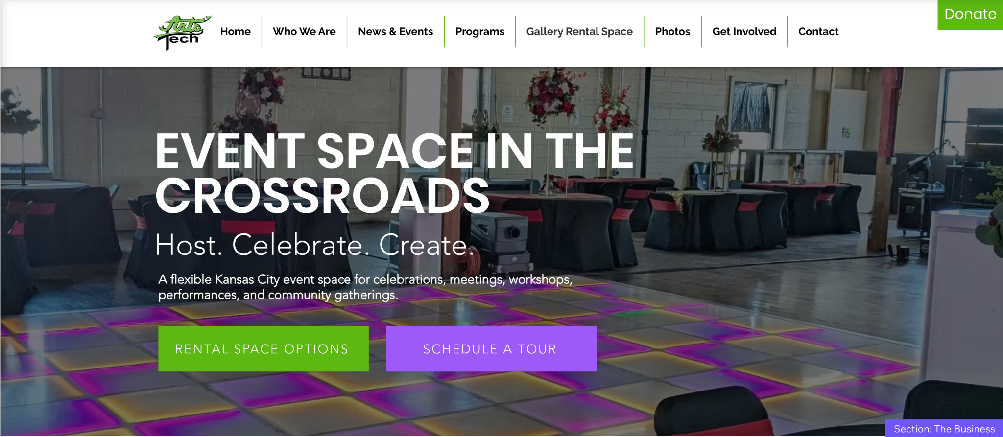 ArtsTech event space website with venue photography and large headline