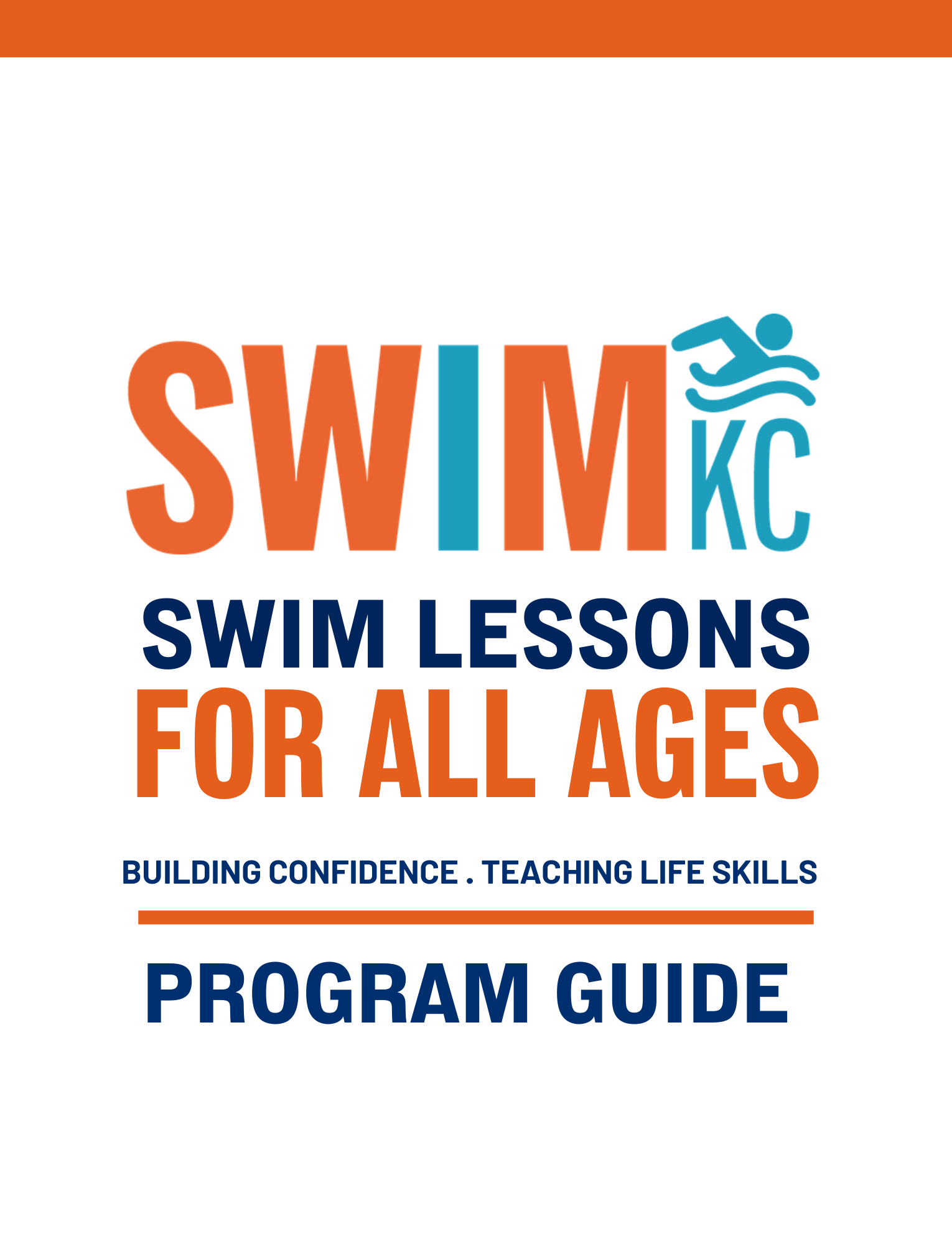Swim KC program guide cover in orange, navy and teal