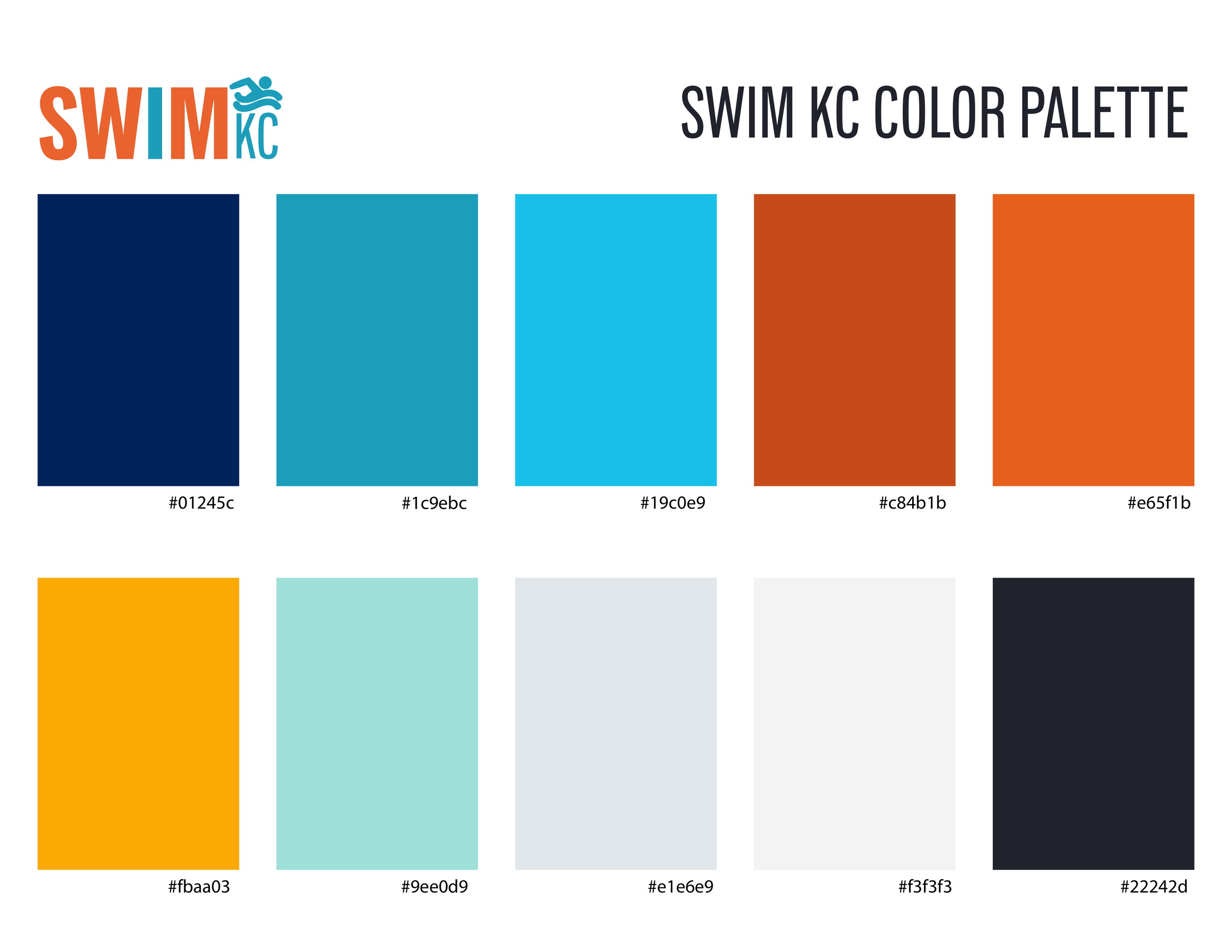 Original Swim KC color palette artboard with ten specified brand colors
