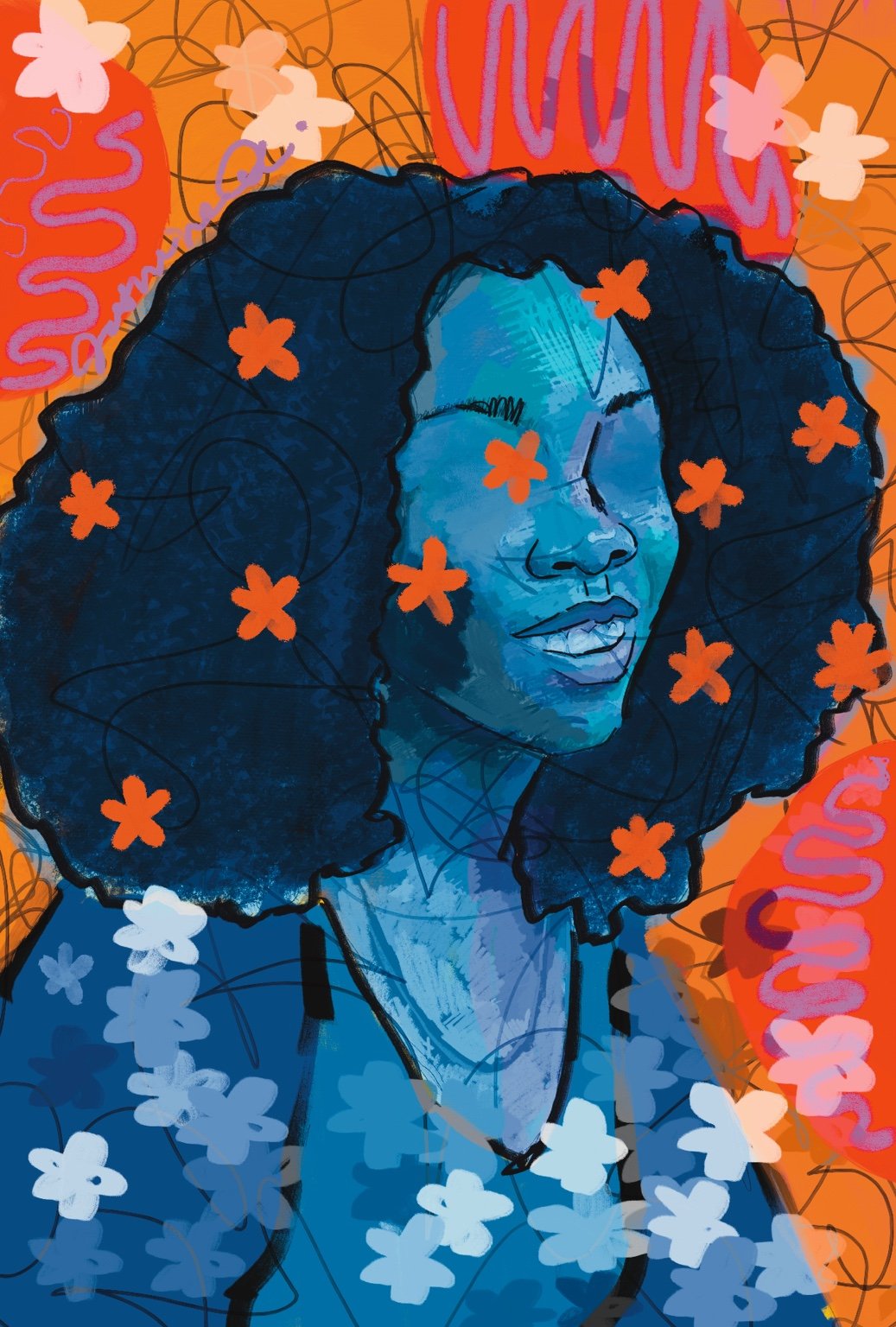 Artwork 04. Blue floral portrait by Jasmine Ali.