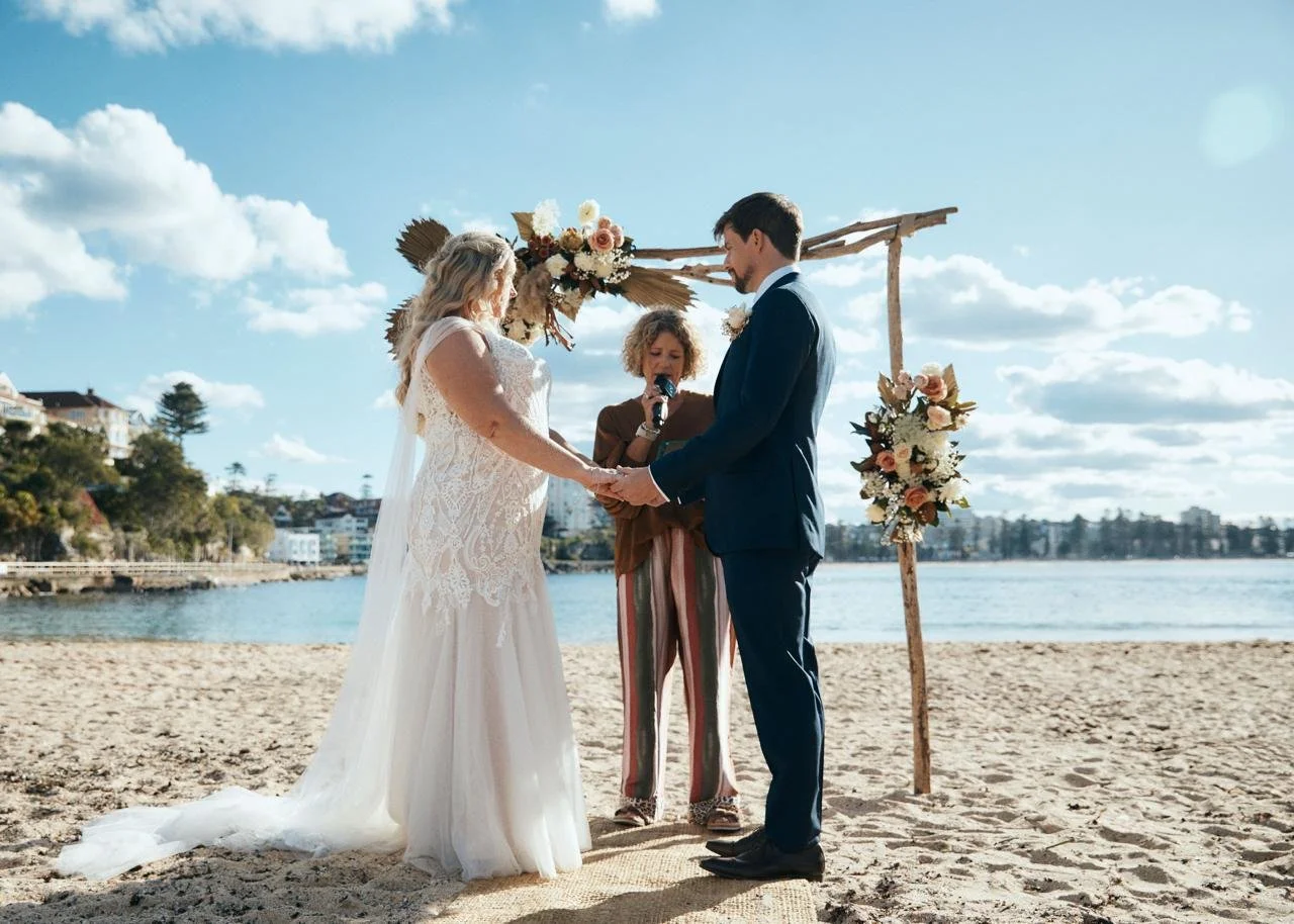 Kate Cohen celebrant conducting a beach wedding at Shelly beach Manly, couple saying i do on sand with ocean behind them