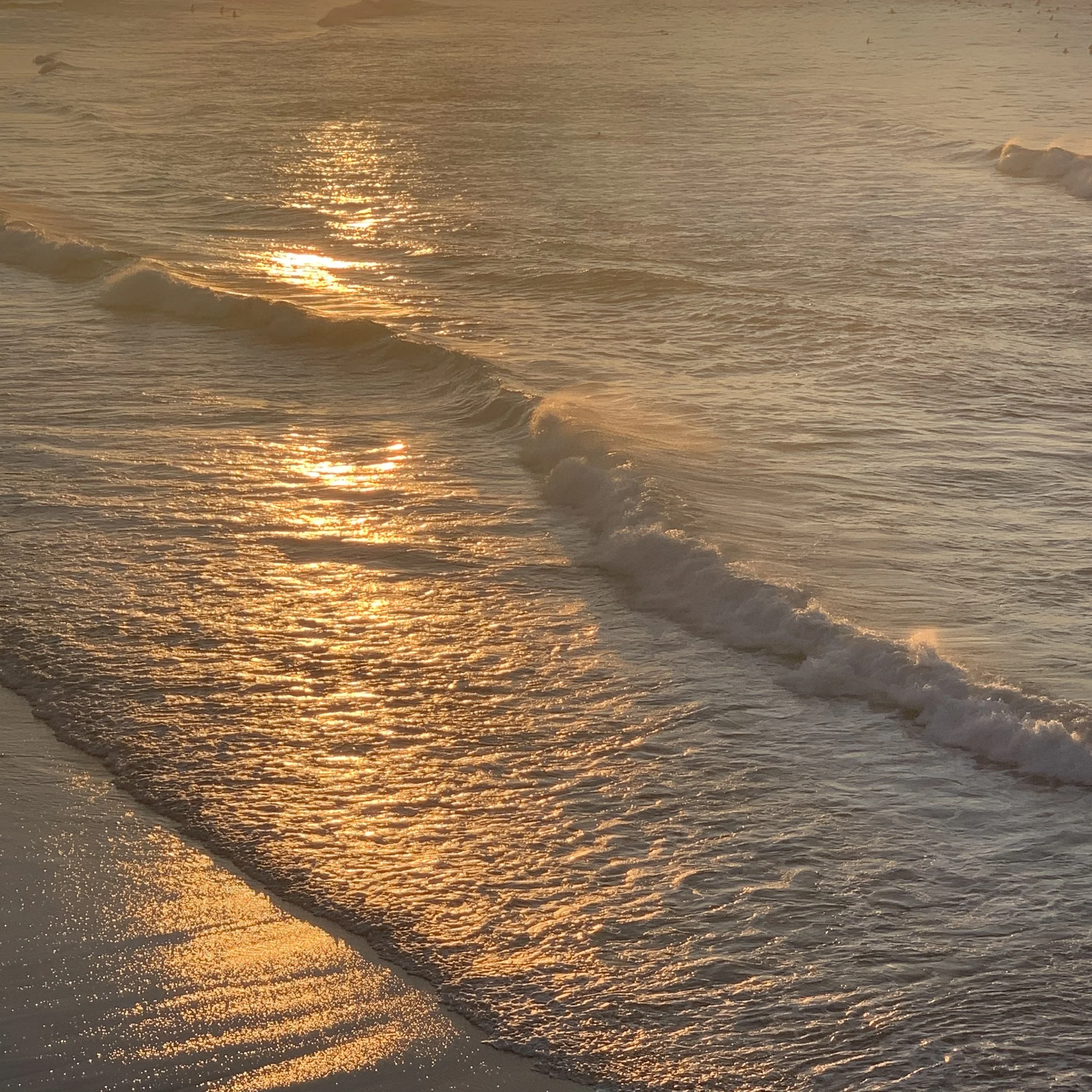 Sunset over the ocean with gentle waves, golden sunlight reflecting on the water.