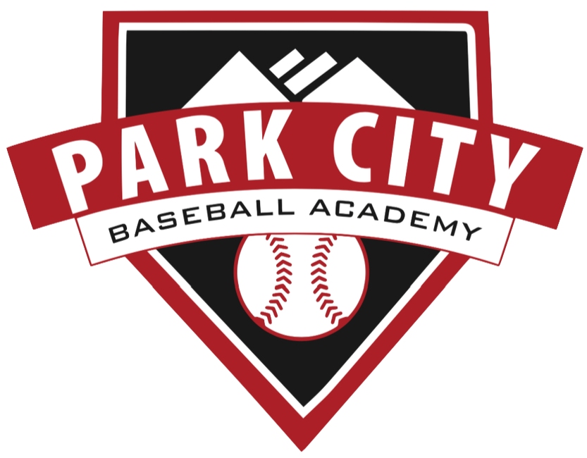 Logo for Park City Baseball Academy featuring a shield with mountain peaks, a baseball, and text.