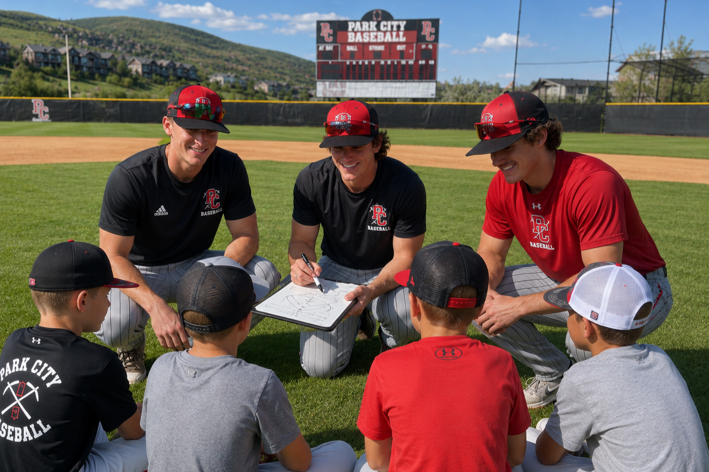 Three baseball coaches or players sitting on the grass in front of a scoreboard, talking to four young boys sitting on the ground, during a sunny day at a baseball field.