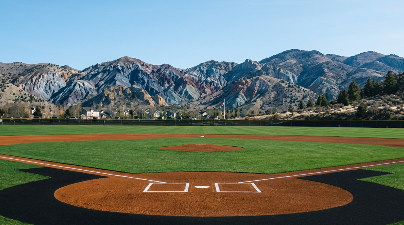 Empty baseball field with mountain range in the background under a clear blue sky.