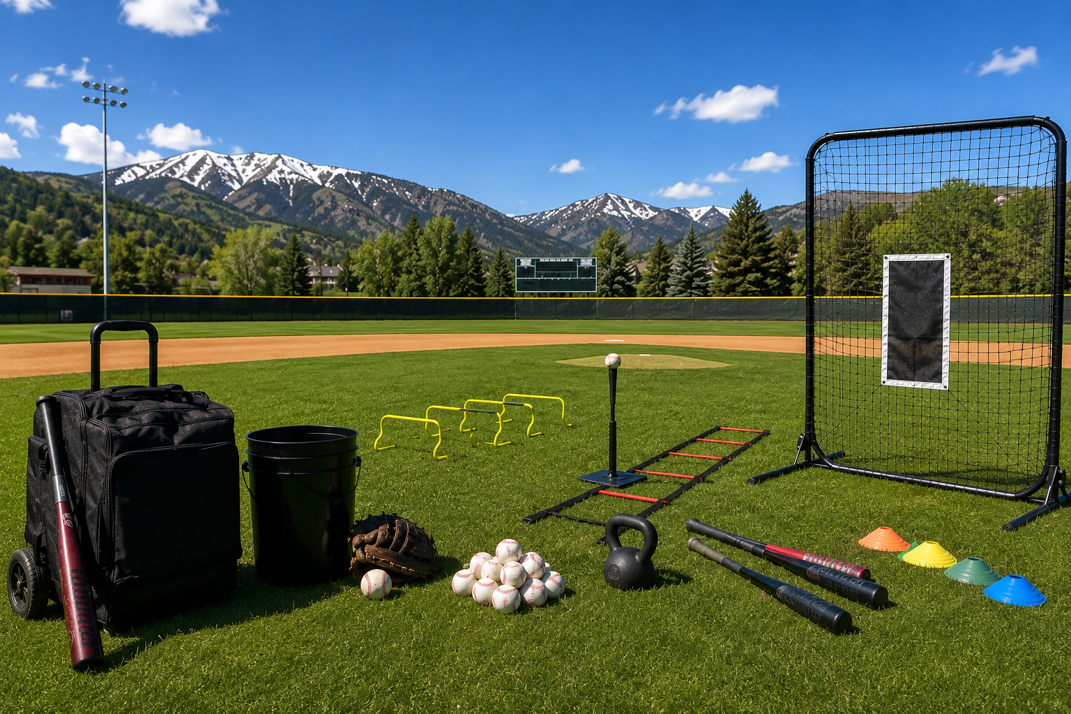 Baseball field with training equipment including baseballs, a bat, helmet, hurdle hurdles, black bucket, kettlebell, batting tee, and a portable batting screen, with mountains and trees in the background under a blue sky.