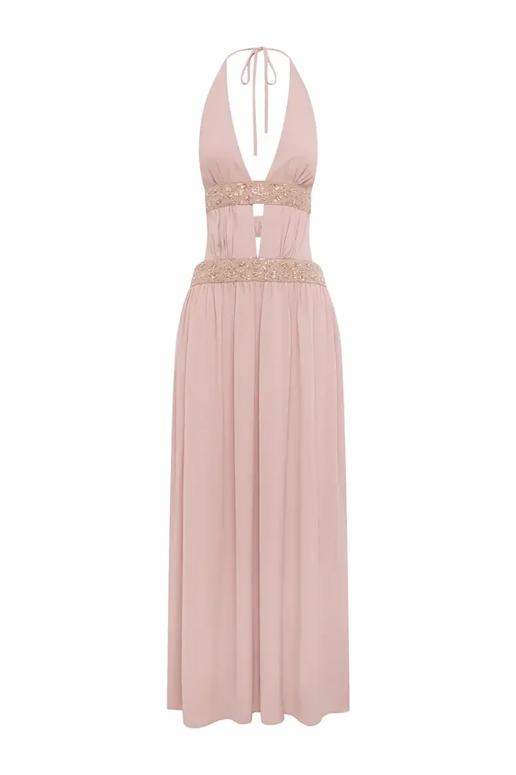 Safino Halter Low Plunge Maxi Dress in Blush size 8