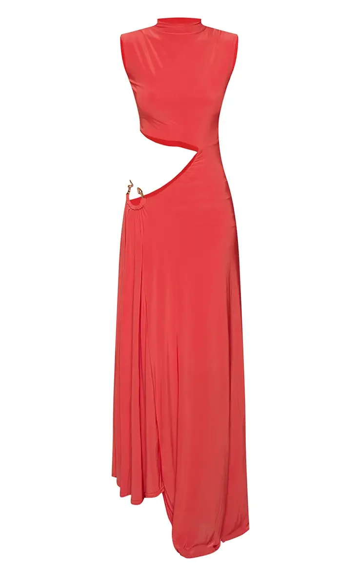 Orange Slinky High Neck Cap Sleeve Cut Out Drape Detail Maxi Dress size 8
