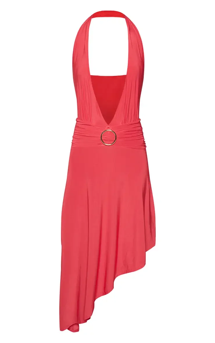Fuchsia Double Layer Slinky Deep Plunge Trim Asymmetric Maxi Dress size 8