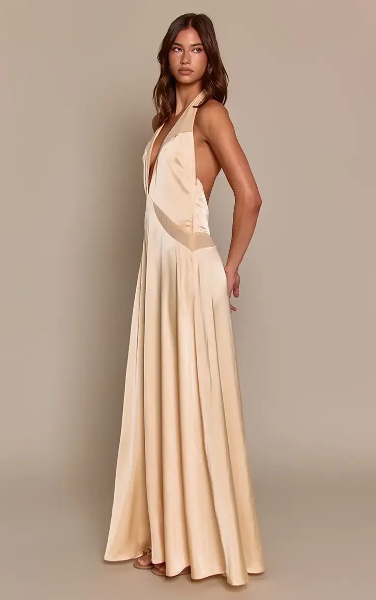 Lemon Satin Contrast Halter Neck Maxi Dress size 8