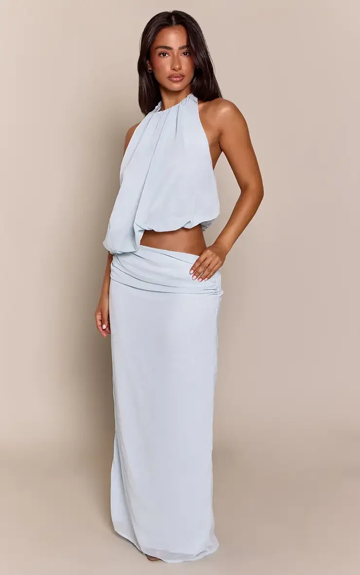 Baby Blue Cut Out Side Ruched Chiffon Maxi Dress size 8
