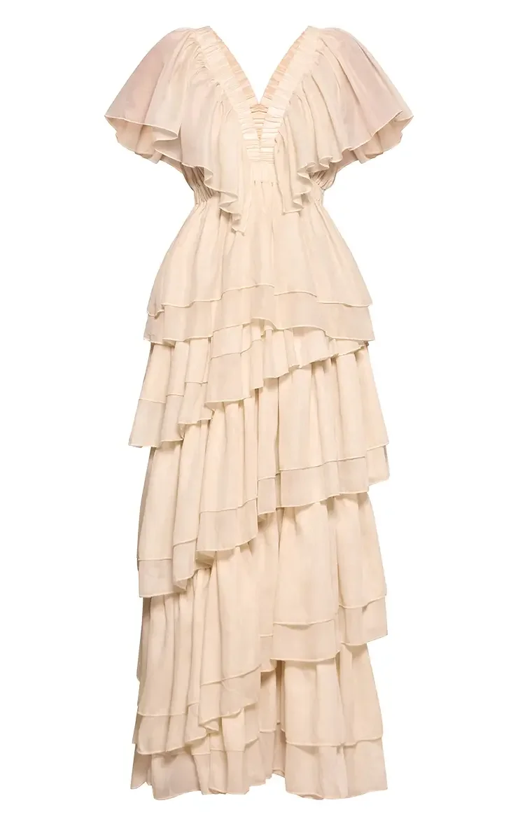 Cream Extreme Tiered V Neck Maxi Dress size 10