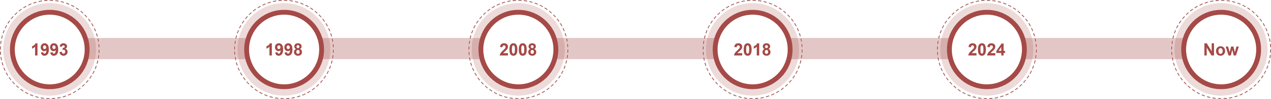 A horizontal timeline with circles marking key years: 1993, 1998, 2008, 2018, 2024, and Now, connected by a brown line.