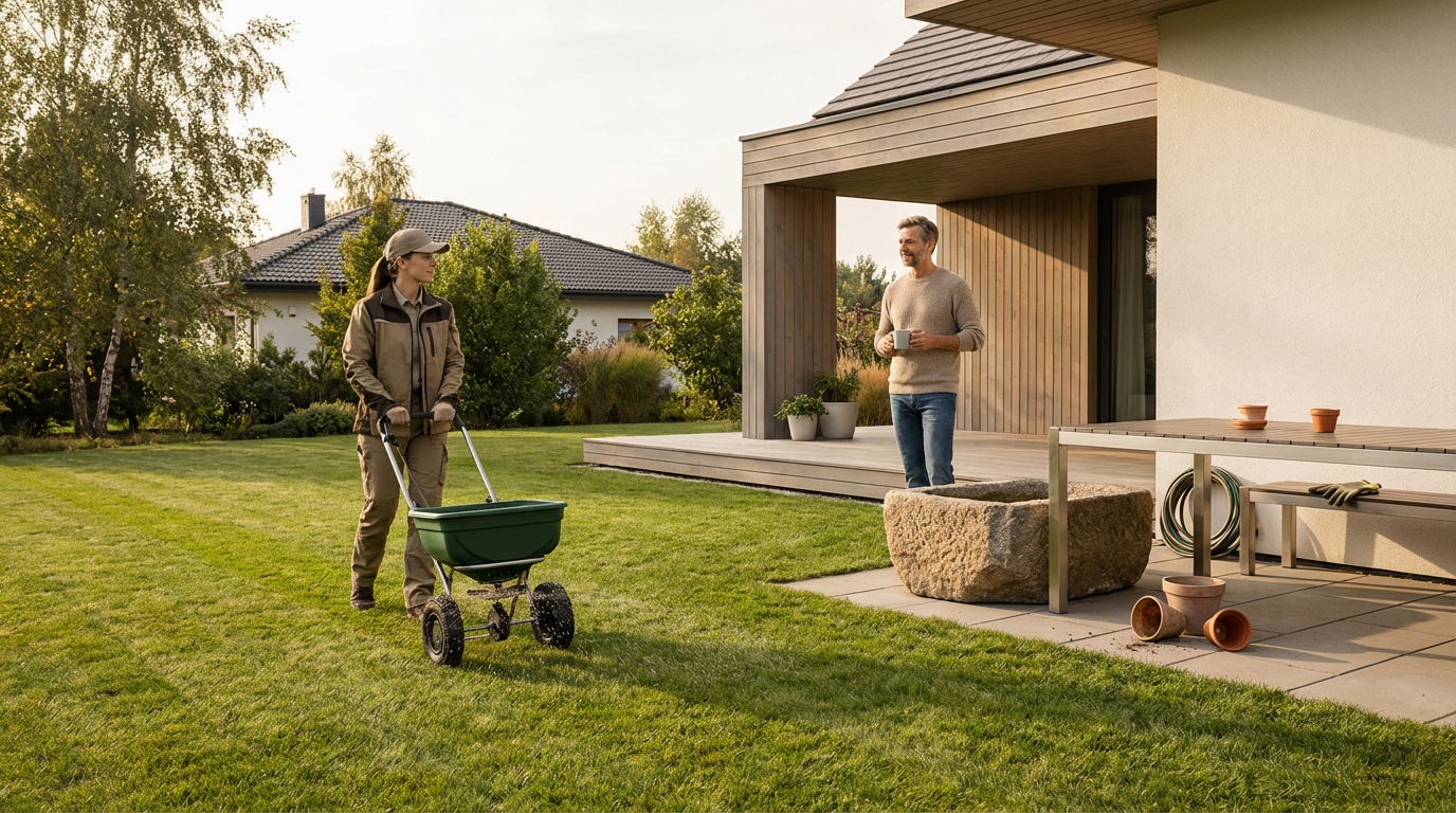A woman wearing outdoor clothing and a cap pushes a garden cart filled with soil on a well-maintained lawn in front of a modern house, while a man in a beige sweater and jeans holding a coffee mug stands on the house porch, enjoying the outdoor space in the late afternoon.