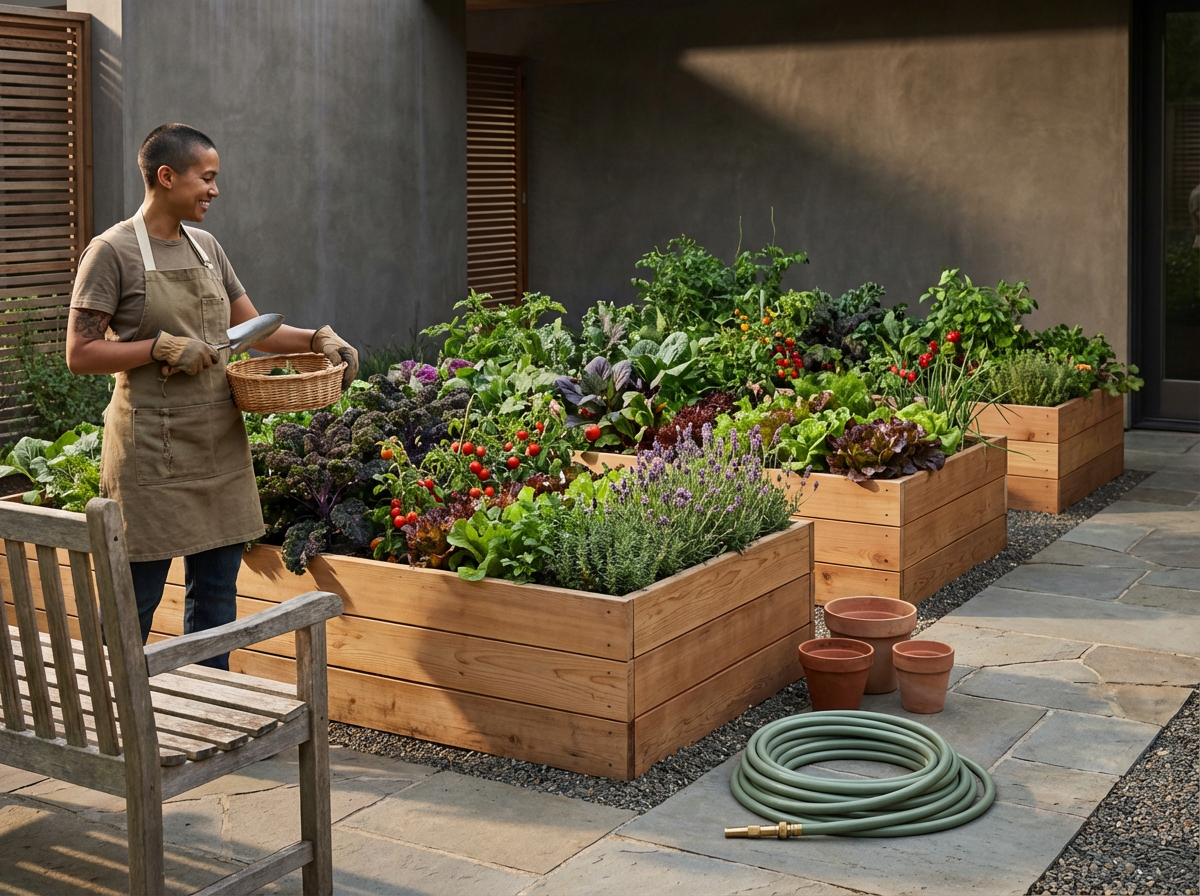 A person in gardening attire smiling while watering plants in wooden raised garden beds filled with various vegetables and herbs in a backyard patio.