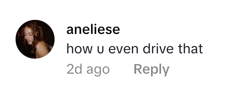 A social media comment from aneliese asking how someone drives that.