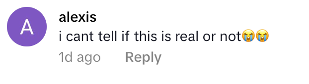 A comment by user 'alexis' expressing uncertainty about whether an image is real, accompanied by crying face emojis.