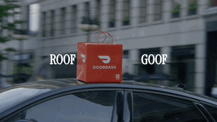 A DOORDASH delivery bag is placed on a car roof, with the words 'ROOF' and 'GOOF' on either side of the bag.