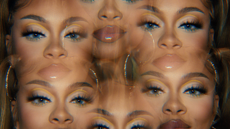 Multiple overlapping close-up shots of a woman's face, showcasing makeup, glasses, and expressive eyes.