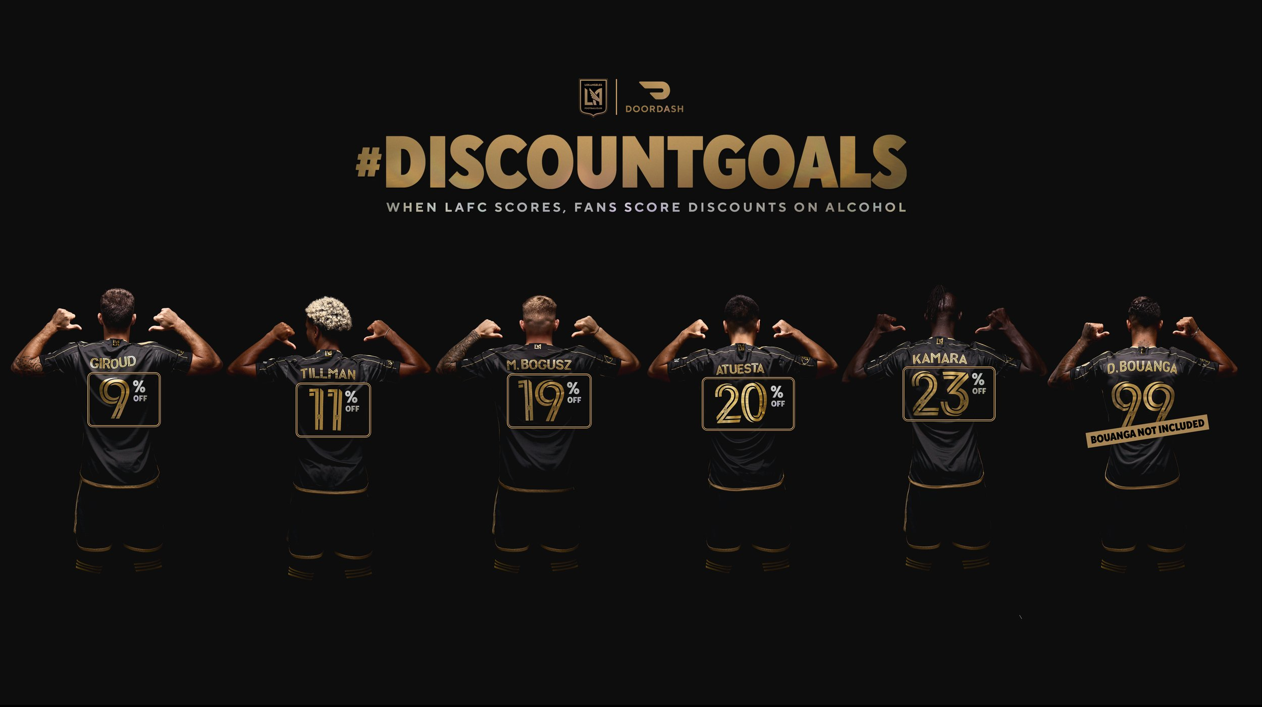 Backs of five soccer players with raised fists, showing their names and discount percentages on their jerseys, against a black background with the hashtag #DISCOUNTGOALS and text about LAFC fans receiving alcohol discounts when LAFC scores.
