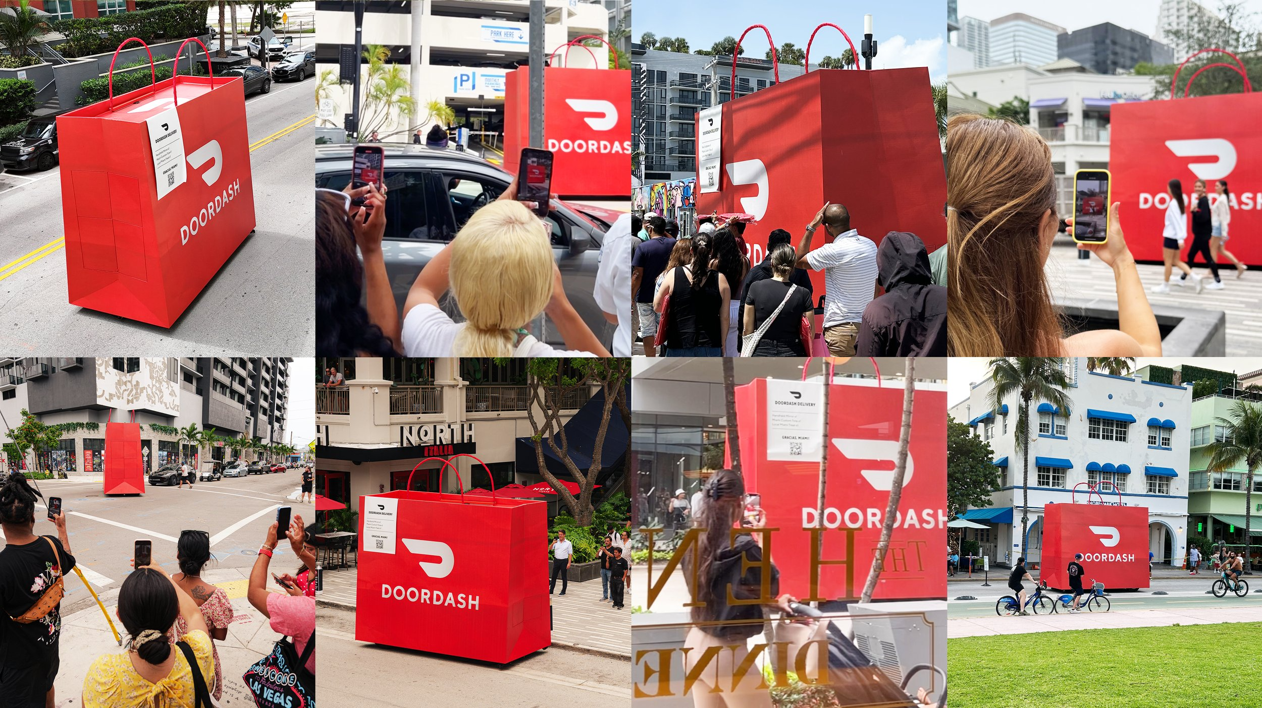 A large red shopping bag with the DOORDASH logo is displayed in multiple images, set in busy urban outdoor settings with people taking photos, standing in crowd, and walking on streets with buildings and cars.