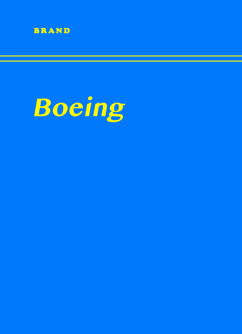 Blue book cover with yellow text that reads "Boeing" and smaller text at the top that reads "BRAND".