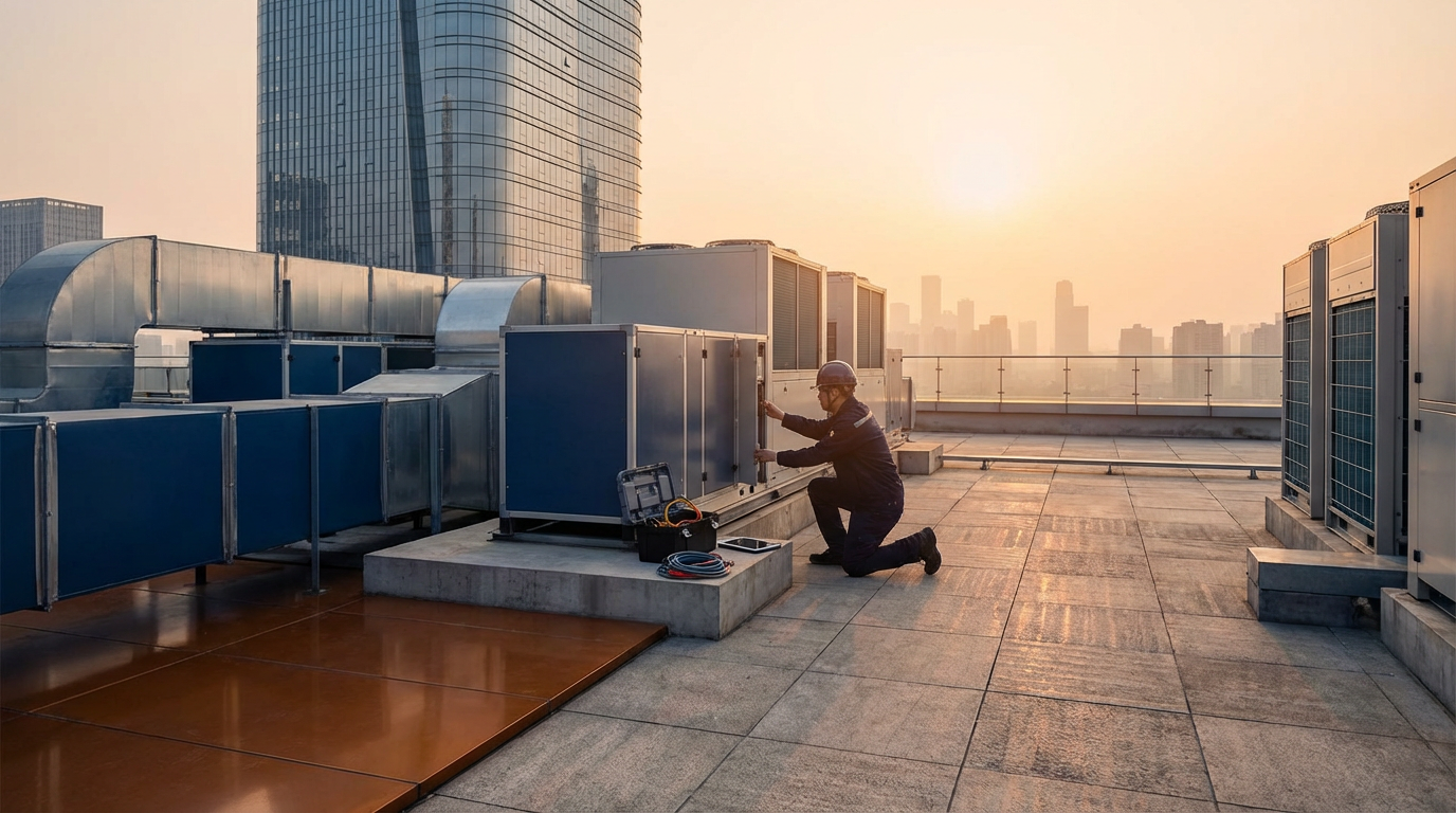 A technician in safety gear working on HVAC units on a rooftop at sunset, with city skyscrapers in the background.