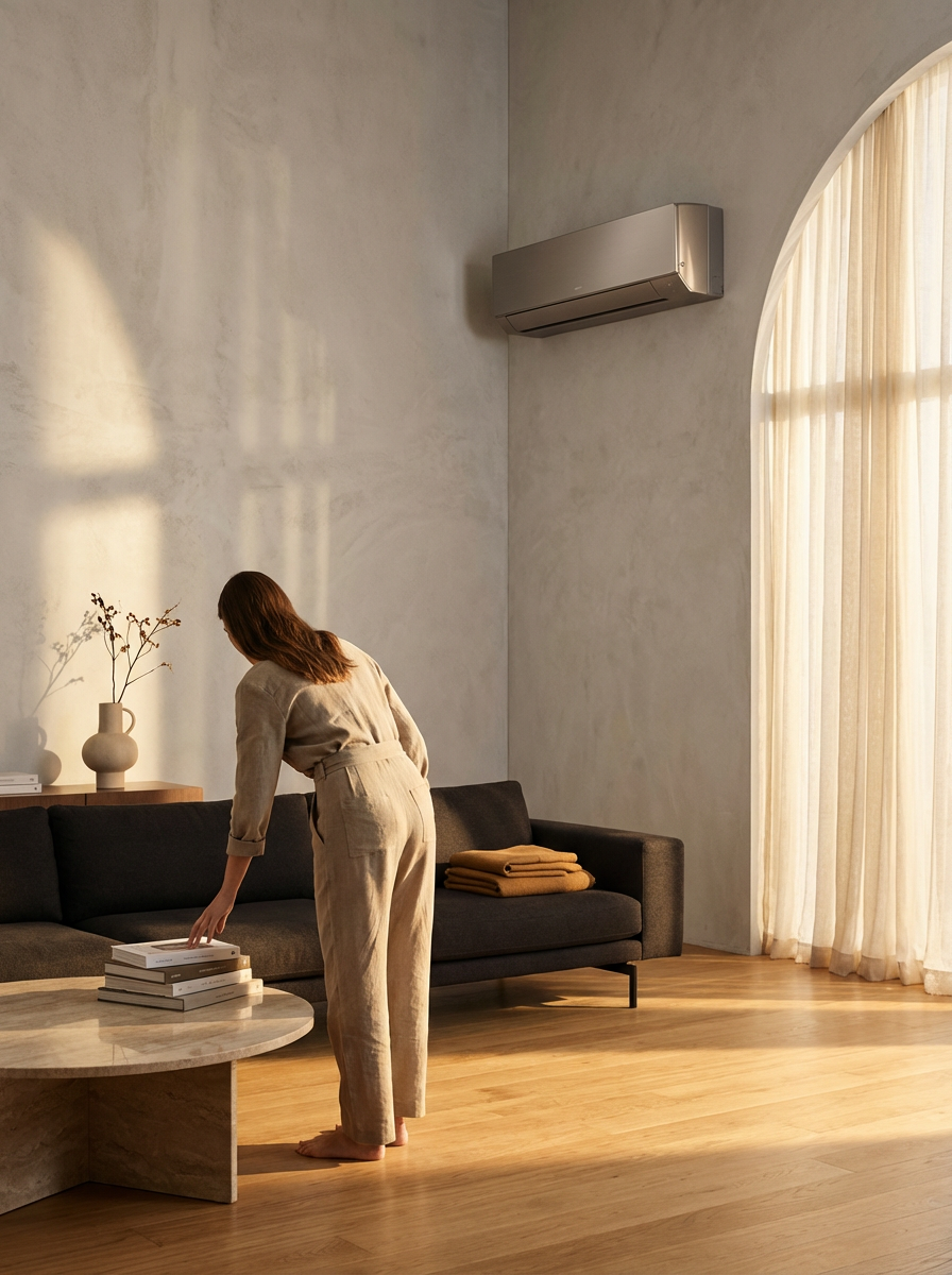A woman with brown hair wearing beige pajamas stands in a living room, reaching for a book on a round marble coffee table. The room has a dark sofa with folded blankets, a side table with a vase and books, large window with sheer curtains, and an air conditioning unit mounted on the wall.