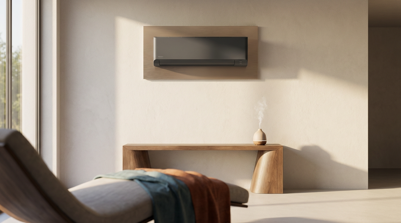 Modern living room with wooden furniture, a wall-mounted air conditioner, and a small emitting diffuser with visible vapor.