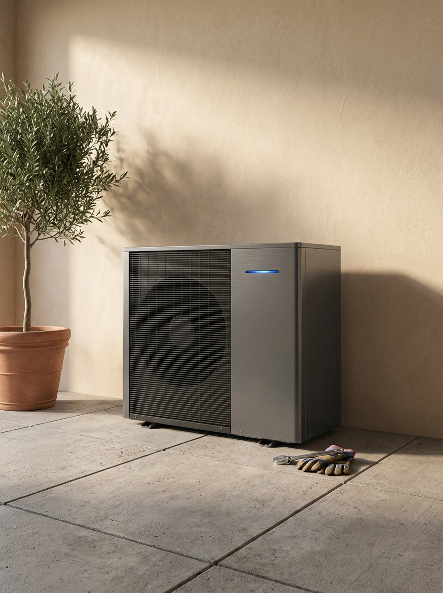 An outdoor air conditioning unit or heat pump on a tiled patio next to a potted plant, with a pair of work gloves and tools nearby.