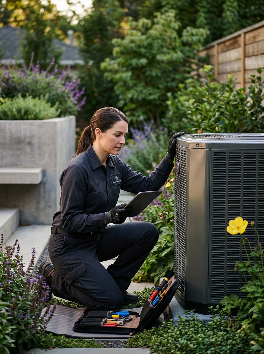 A technician kneeling next to an outdoor air conditioning unit, holding a tablet and inspecting it, with a tool kit open nearby, in a garden with plants and flowers.