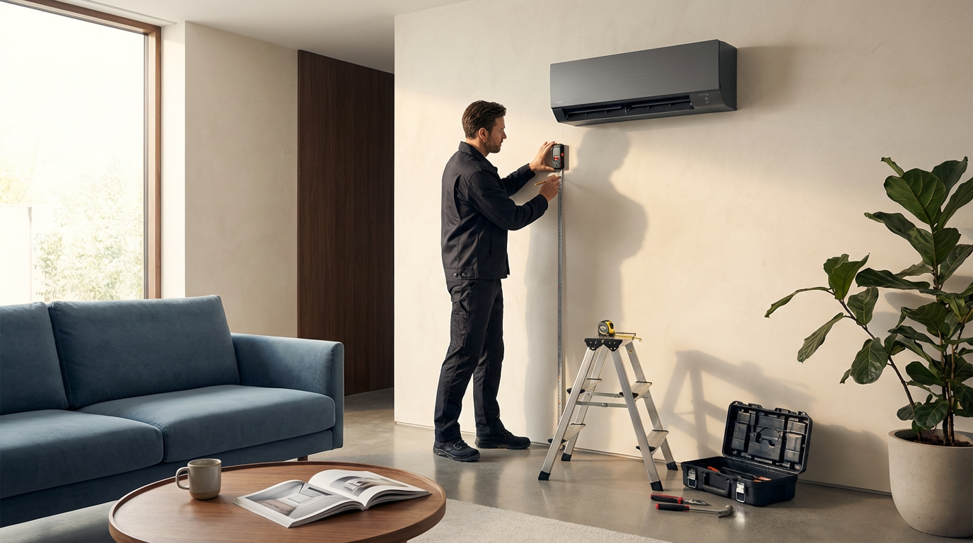 A man installs or repairs a wall-mounted air conditioning unit in a living room. He is standing on a small step ladder, holding a measuring tape and using a screwdriver. The room has a blue sofa, a wooden coffee table with a book and a mug, large window, potted plant, and tools on the floor.