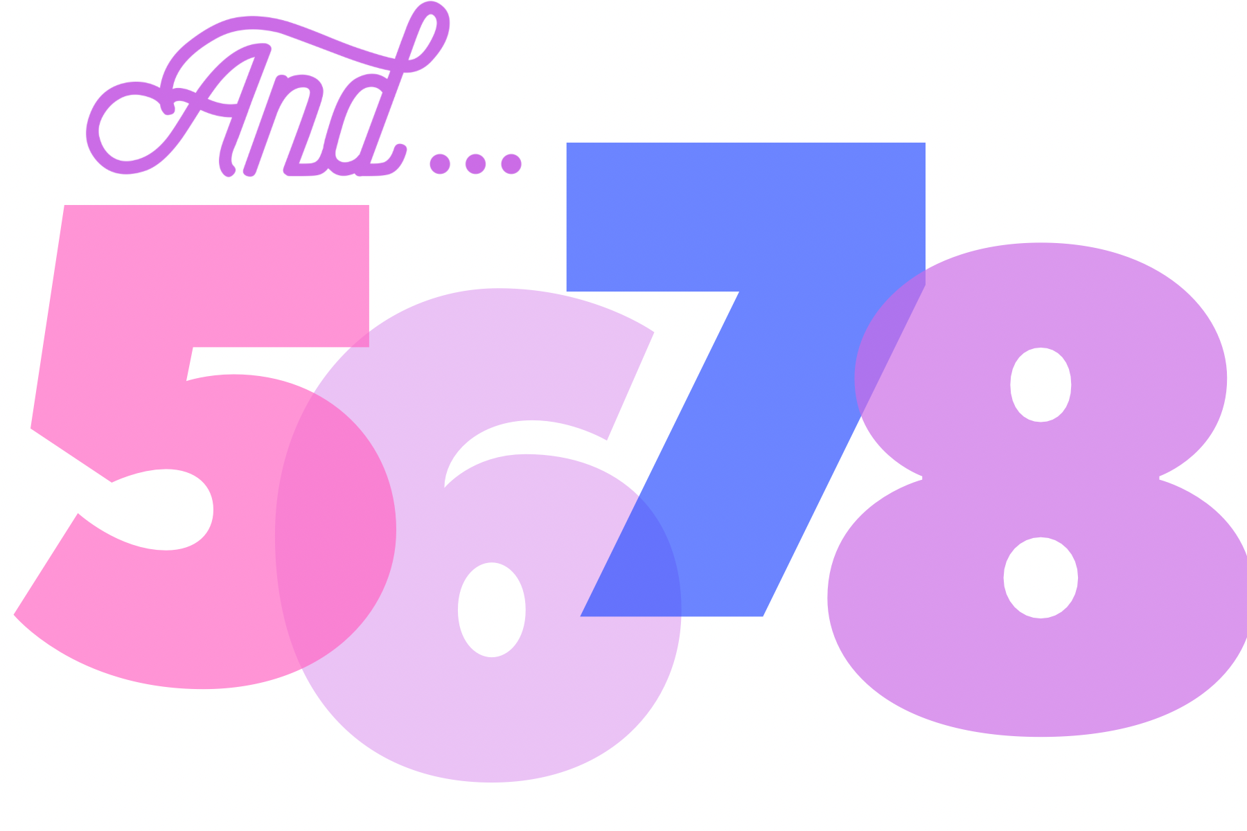 Colorful background with large pink, purple, and blue numbers 5, 7, and 8, overlaid with the word 'And...' in purple cursive.