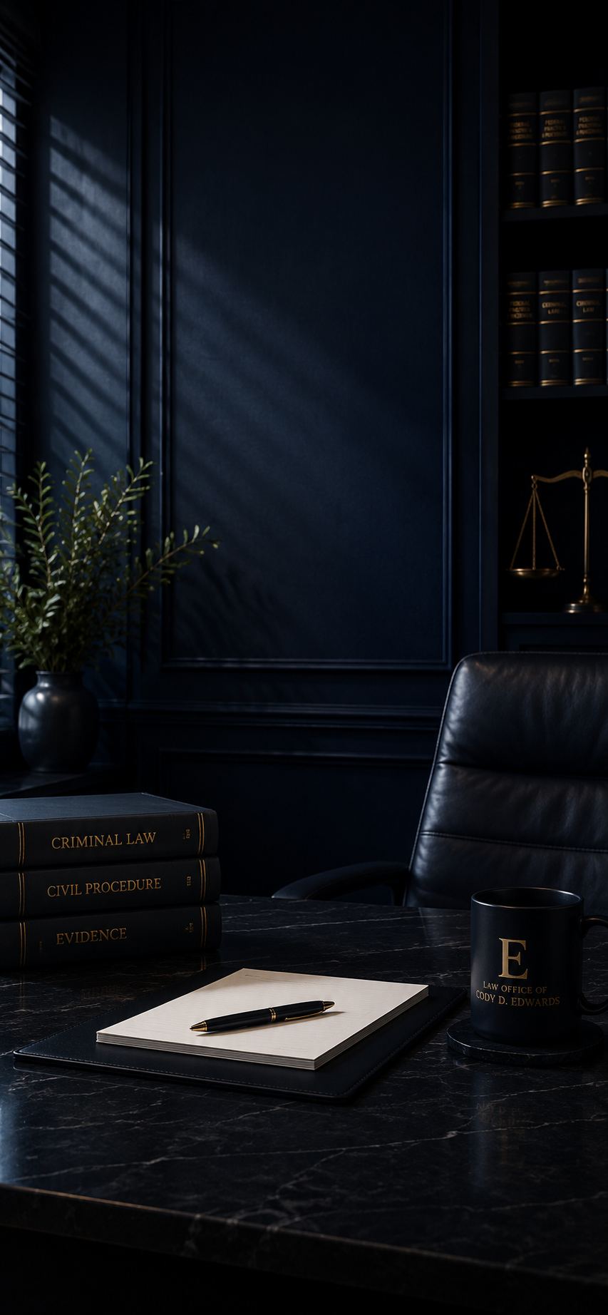A dark, professional office with a black marble desk. On the desk are legal books labeled 'Criminal Law,' 'Civil Procedure,' and 'Evidence,' a notepad with a black pen, and a black coffee mug with gold text reading 'Law Office of Cody D. Edwards.' A black leather chair is partially visible. In the background, a blue wall with paneling, a bookshelf with legal books and a brass scale, and a potted plant with green leaves in a dark vase are seen.