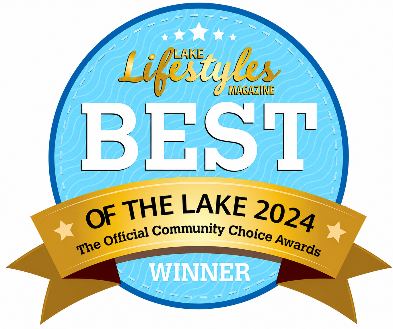 Badge design for Lake Livestyles Magazine, indicating a first-place winner of the 2024 Lake of the Year awards, with a blue circular background, gold ribbon banner, and white and gold text.