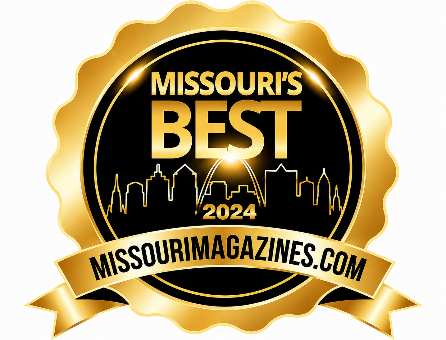 Gold and black badge with the text 'Missouri's Best 2024' and a silhouette of the St. Louis skyline with the Gateway Arch, along with the website 'missourimagazines.com' on a gold ribbon.