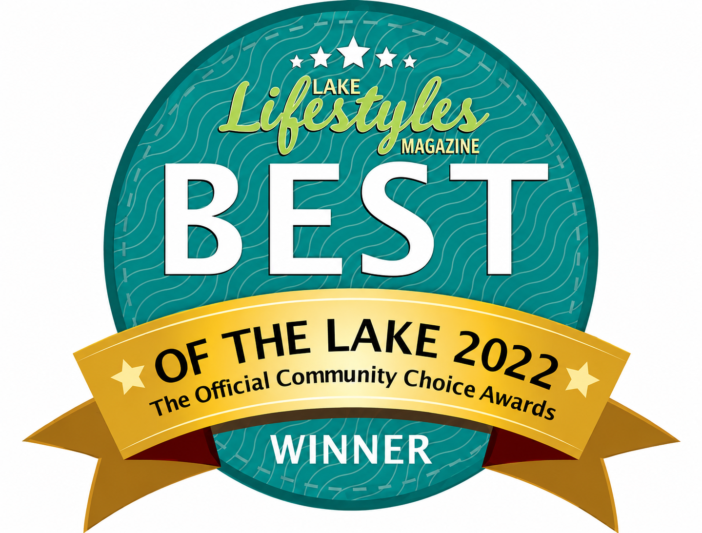 An award badge for Lake Lifestyles Magazine, recognizing the Best of the Lake 2022 as the official community choice award, with a teal background, white text, and a gold ribbon reading 'Winner'
