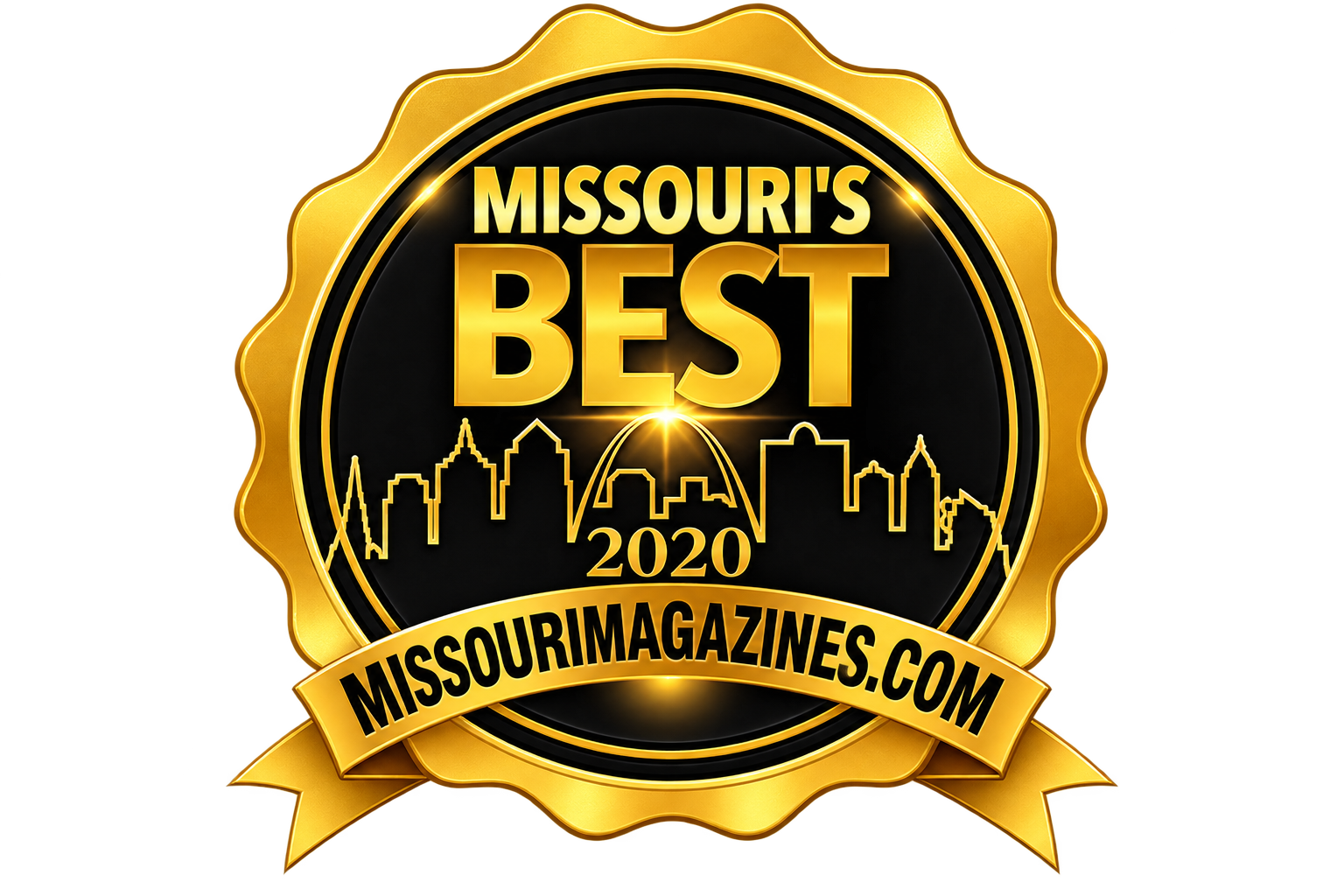 Gold and black badge with text 'Missouri's Best 2020' and city skyline silhouette, featuring gateway arch, and website 'missourimagazines.com' along a gold ribbon.