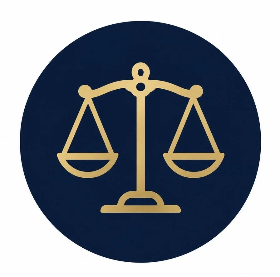 Icon of beige scales of justice on a dark blue circular background. Law firm