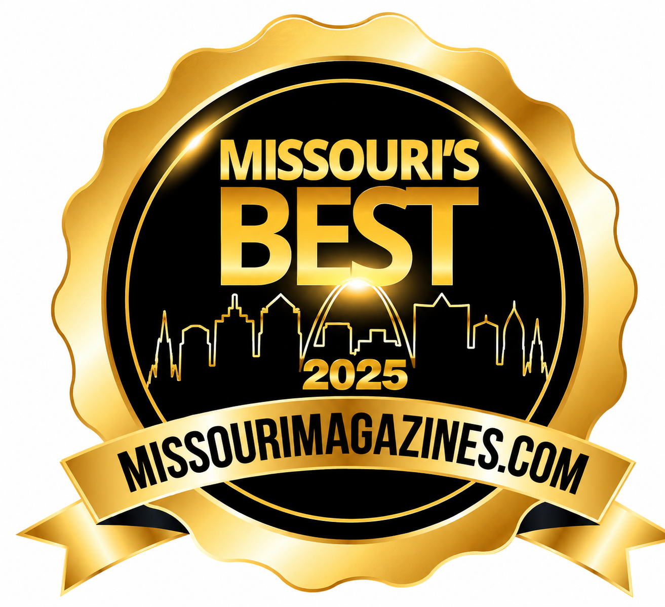Gold and black badge with city skyline and Missouri River, labeled 'Missouri's Best 2025' and 'missourimagazines.com'.